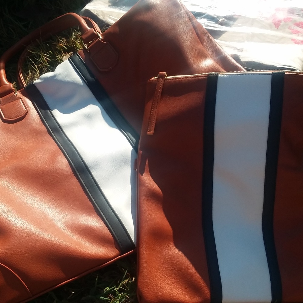 New Brown & White Leather like Matching 2 Bags